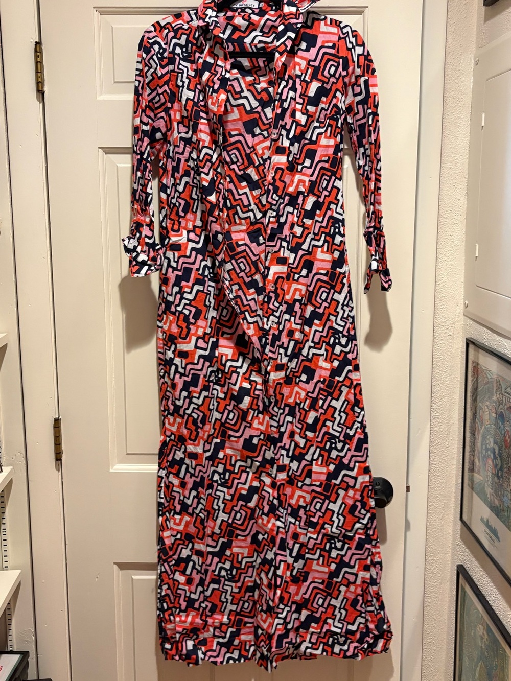 CK Bradley Long Sleeve Geometric Print Maxi Dress - Coral & Navy